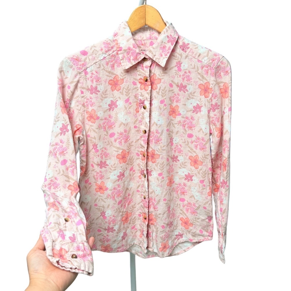 Pure Linen Pink Floral Button Down Shirt XS Boho Fairy Cottagecore Coquette Chic